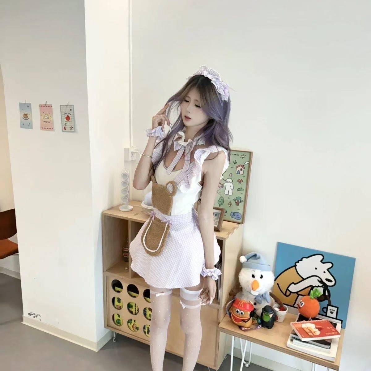 Maid Roleplay Costume Set with Apron, Headband, Choker, Wristbands and Crotchless Bodysuit — detail image 5