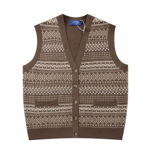 Japanese Vintage Ethnic Jacquard Cardigan Vest Sweater V-Neck Loose Knitted Sweater All-match Casual Couple Horse
