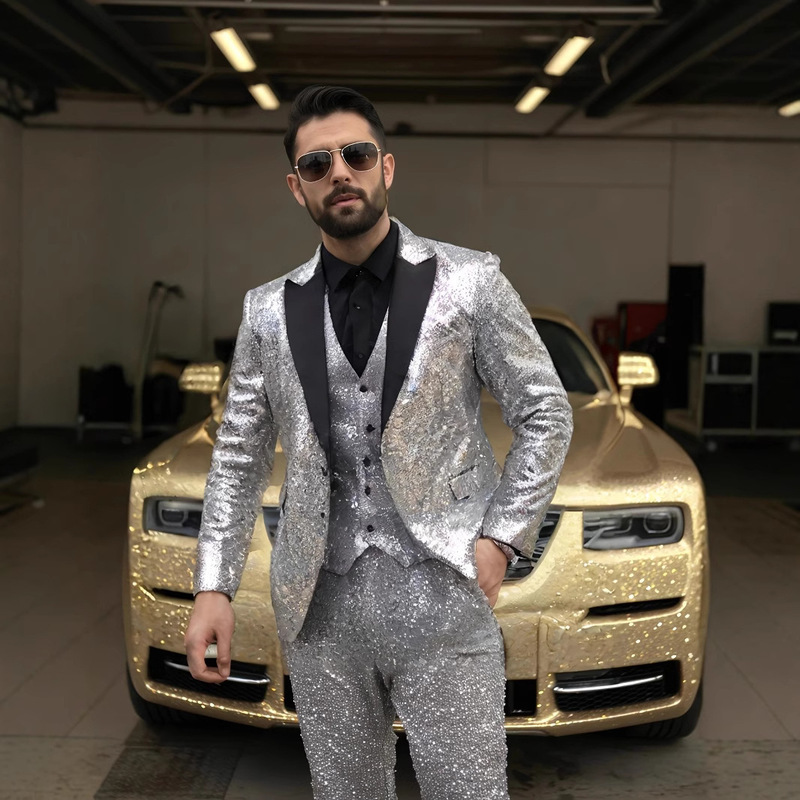 2025 Cross-Border New Sequin Suit Three-Piece Suit Vest Pants Suit Shiny Stage Dress Suit