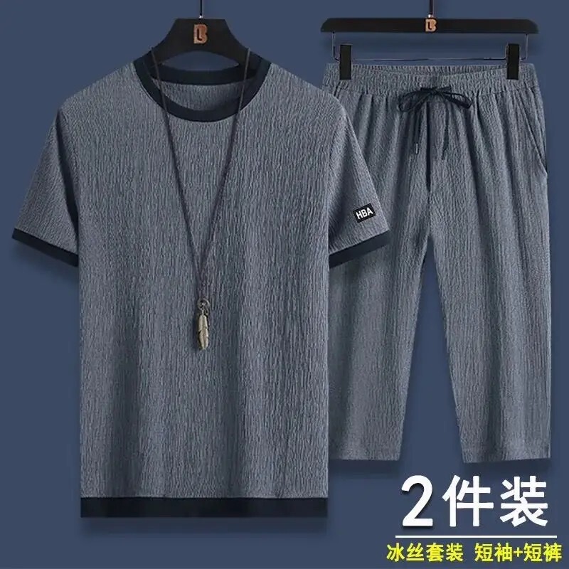 Summer Casual Sports Suit Men's Ice Silk Short-Sleeved T-Shirt Five-Point Shorts Two-Piece Set Loose Large Size Complete Set