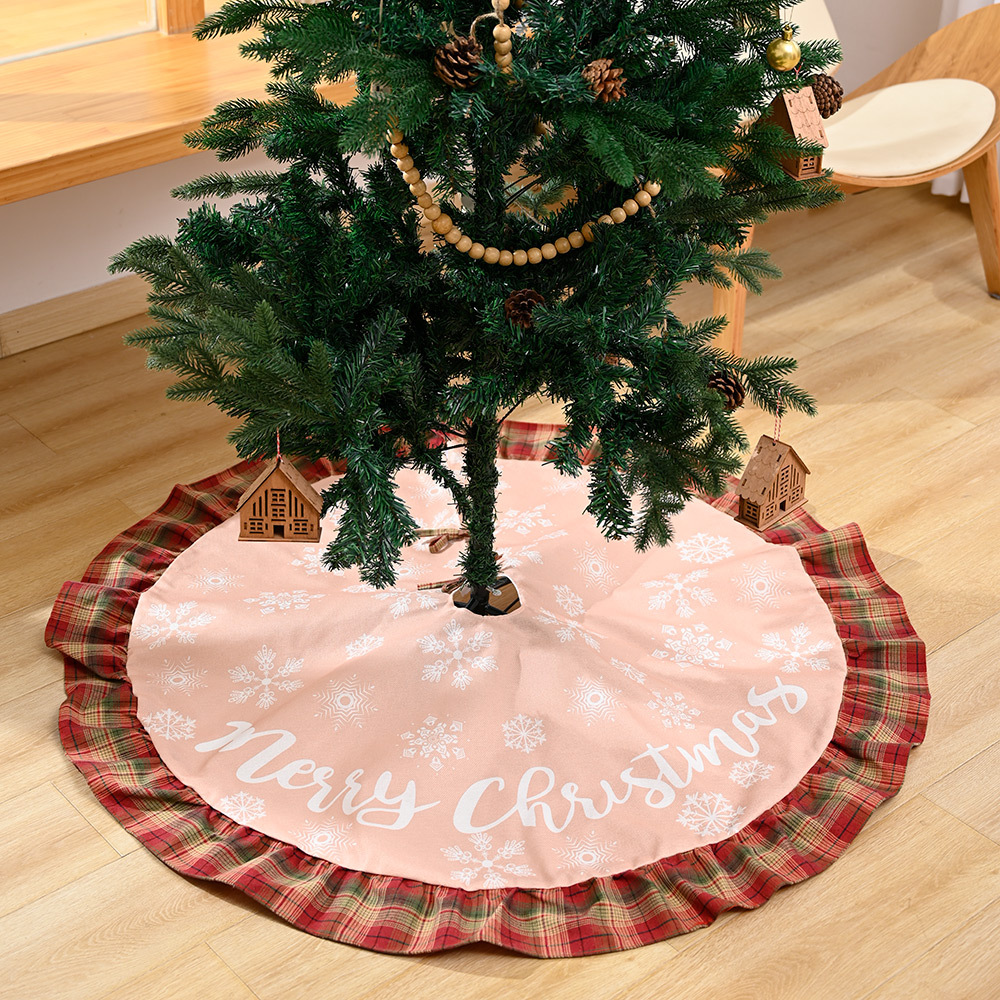 Maison & Jardin Nouvelle jupe d'arbre de Noël décorative en lin à carreaux avec lettres de flocon de neige, tablier de bas d'arbre en lin_voghion.com