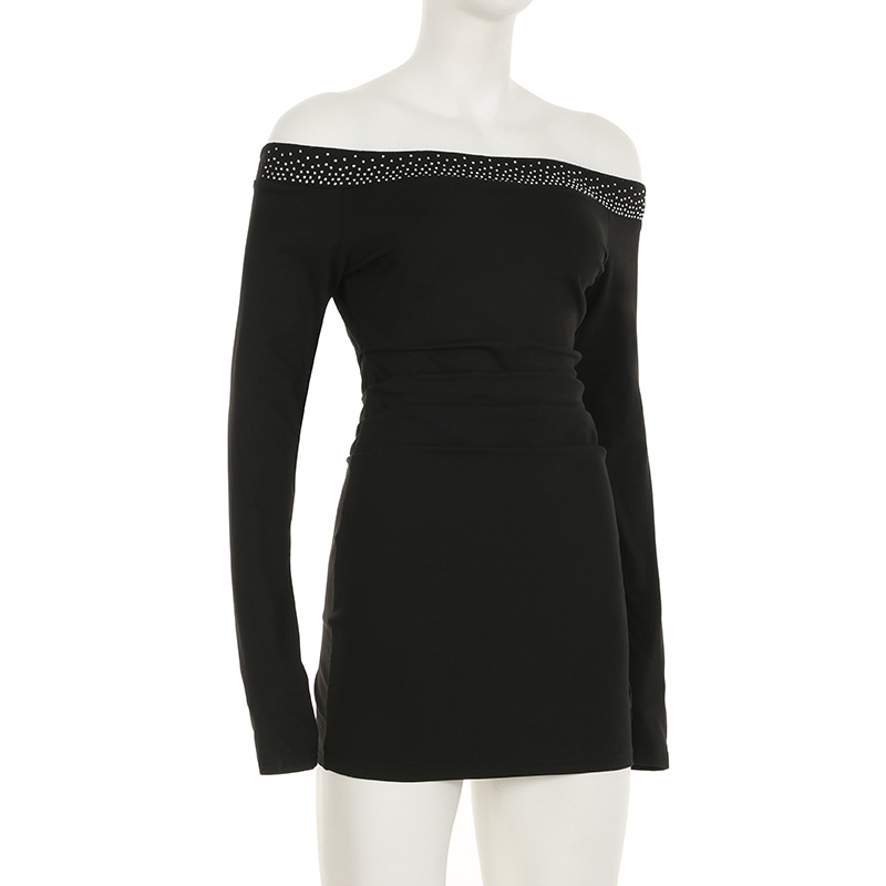 Rhinestone off Neck Elegant Pleated Waist Controlled Slimming Long Sleeve Dress Sexy off Shoulder Hip Dress