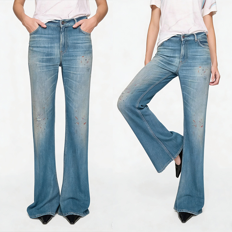 AC High-waisted Women's Jeans With Splatter-paint Graffiti, Blue Flared Pants, European And American Style, Versatile_voghion.com