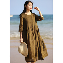 原创文艺旅行棉麻女装夏季新款 100支高密苎麻千褶绣花宽松连衣裙