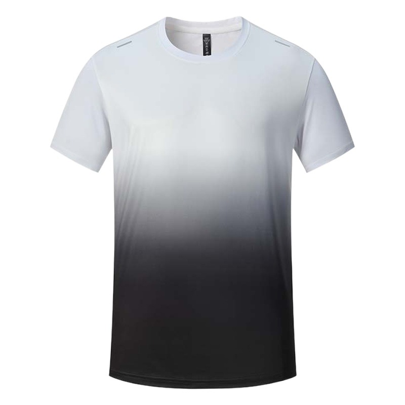 Deportes al aire libre de los hombres de secado rápido camiseta suelta más tamaño gradiente color fitness correr transpirable alto elástico cuello redondo manga corta ADU