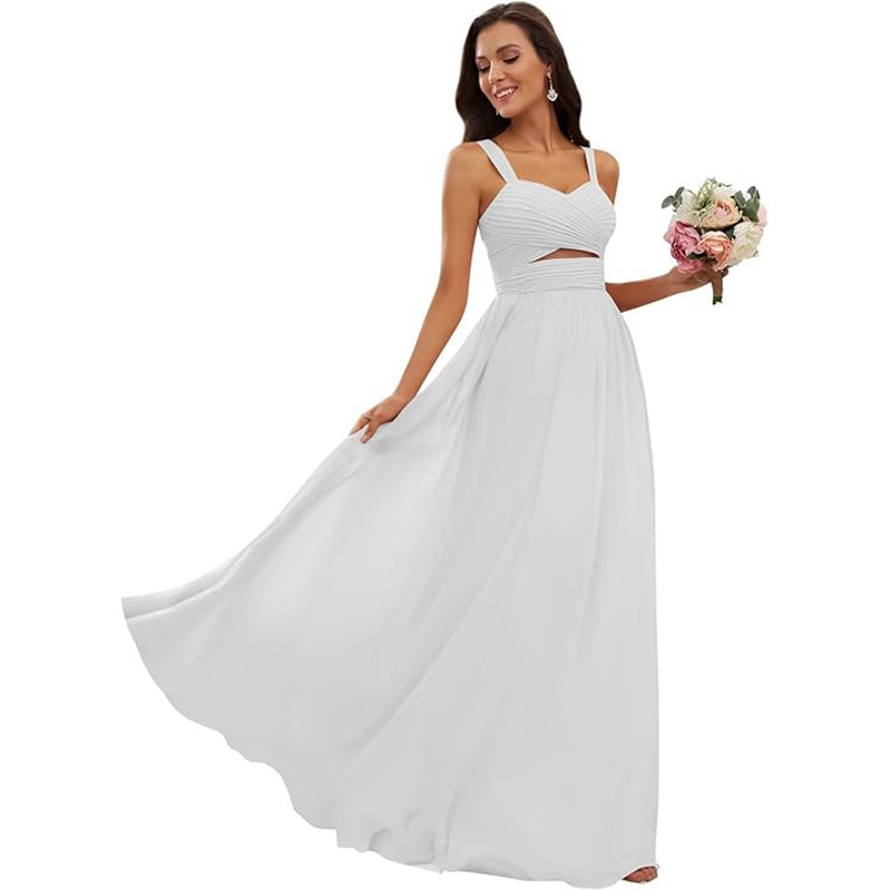 Women's Chiffon Bridesmaid Dress Long A- line Pleated High Waist Formal Evening Dress Sling Out White Simple