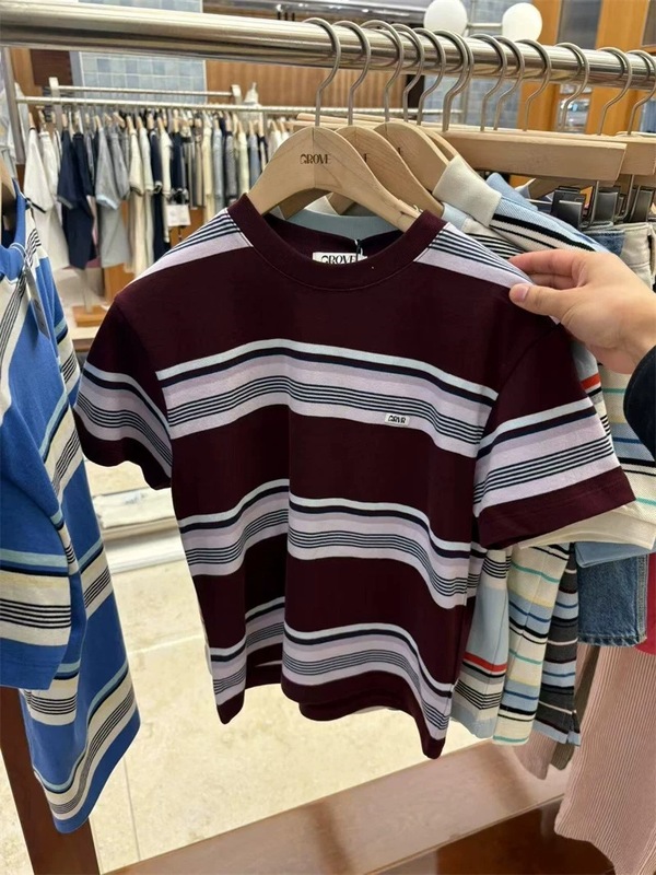 正規品 GROVE 韓国 東大門 メンズ レディース カップル ストライプ 半袖 Tシャツ カジュアル ファッション 万能 純綿|undefined