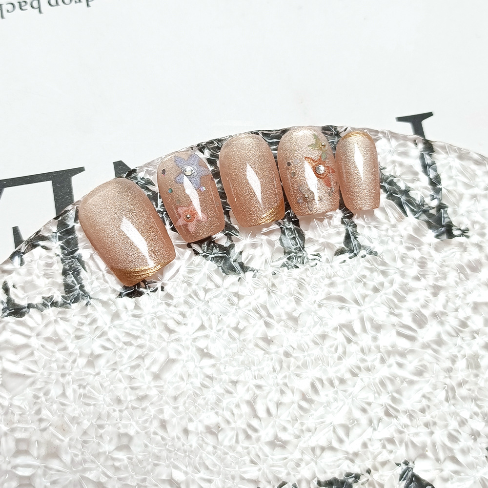 10 piezas de uñas postizas hechas a mano con pedrería floral de colores, pegatinas de uñas de ojo de gato de alta gama. image 3