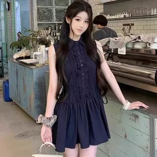 韩系学院风收腰显瘦衬衫连衣裙女夏季2025新款藏蓝色无袖背心短裙