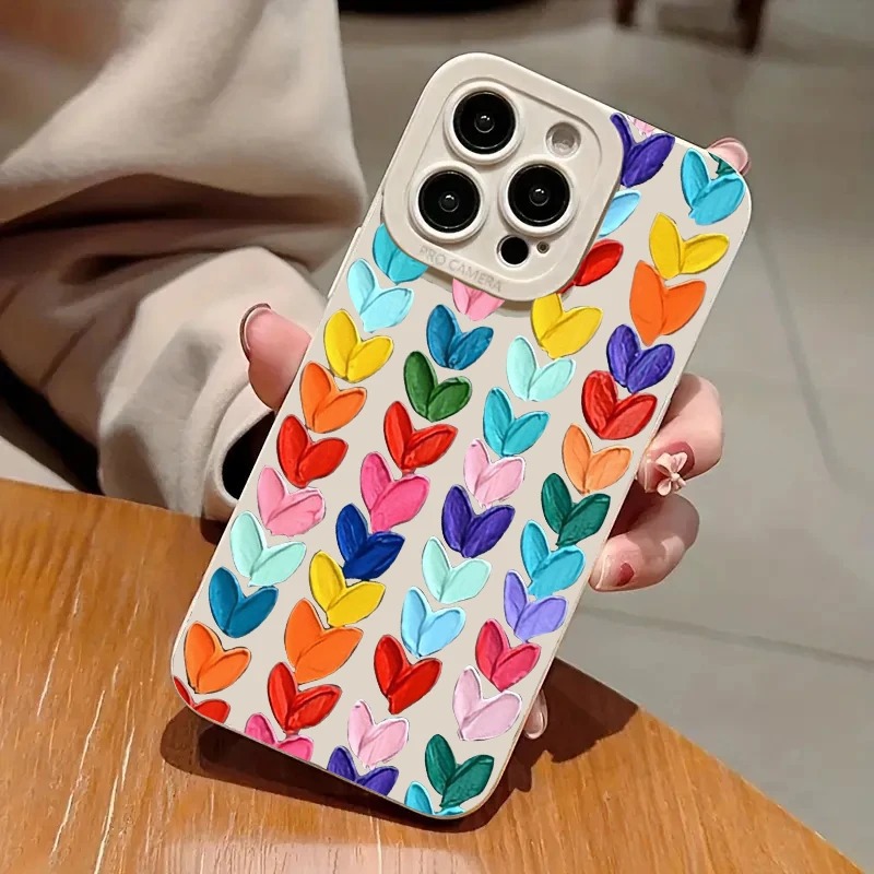iPhone 15 Pro Max, Apple 14, 13, 12, 11 uyumlu renkli kalp desenli şık ve yaratıcı telefon kılıfı