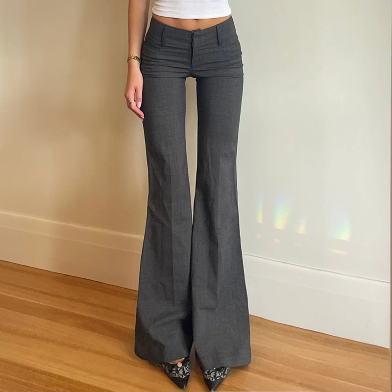 Cross-border Amazon Temperament Commuter Style Low Waist Micro Horn Pants European and American Grey Hot Girls Basic Casual Dress Pants Cross-border Amazon Temperament Commuter Style Low Waist Micro Horn Pants European and American Grey Hot Girls Basic Casual Dress Pants