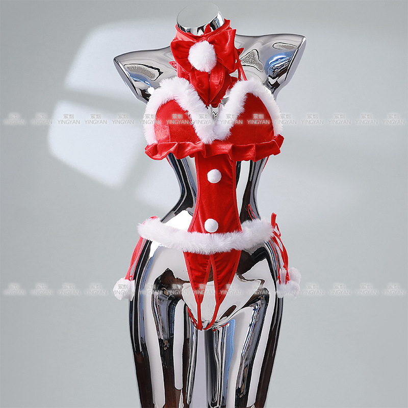 Lingering Smoke Lingerie Sexy Backless Jumpsuit Red Plush Christmas New Year's Eve Pajamas Hot suit