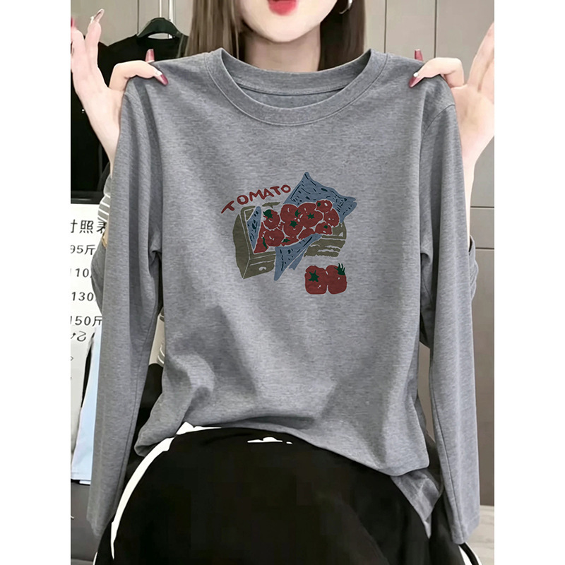 Korean-style, regular-fit, gray, pure cotton long-sleeve T-shirt for women, loose-fitting, slimming, with cartoon prints, suitable for casual wear as an inner layer or base layer