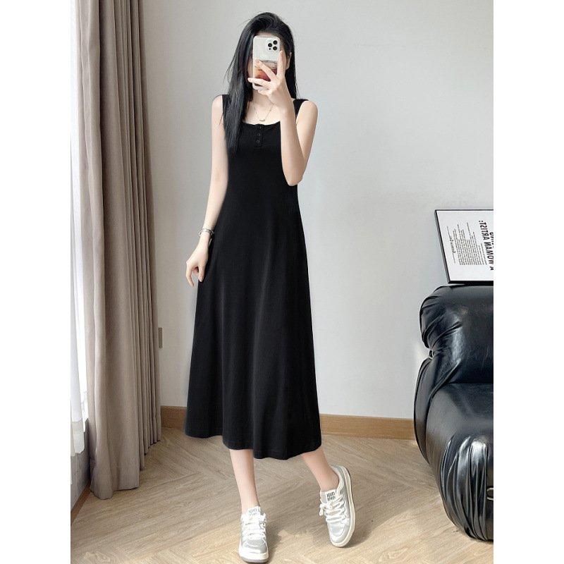 冰丝长款过膝纽扣吊带背心裙夏季宽松外穿内搭200斤打底连衣裙女|undefined