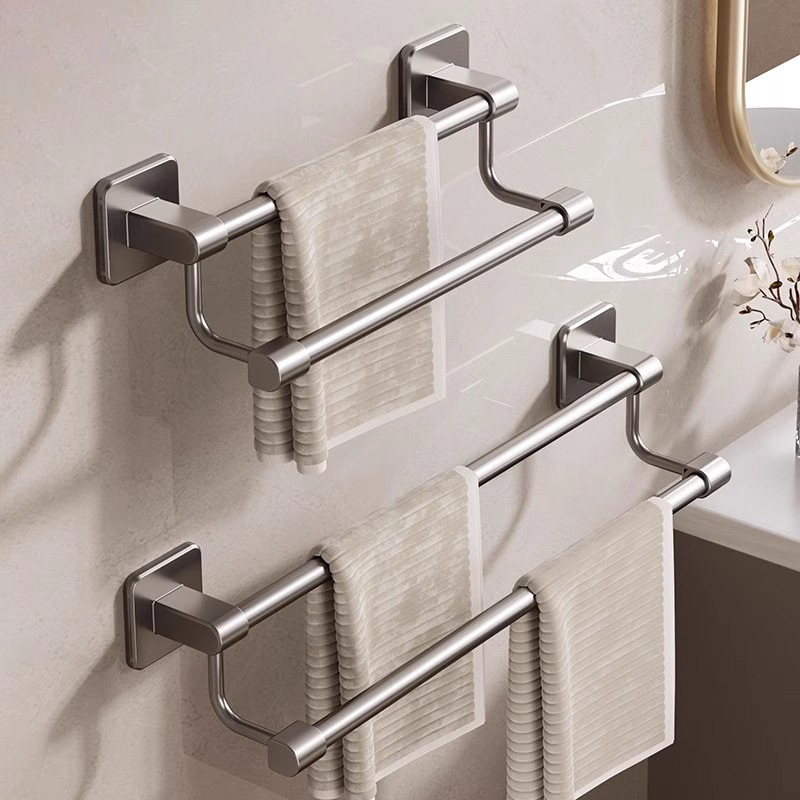 Space Aluminum Punch-Free Single and Double Rod Towel Rack Bathroom Storage Rack Multi-Functional Removable Wall-Mounted Storage Rod