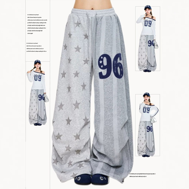 American Retro Style Full-Print Star Sweatpants for Men and Women, Spring and Summer Gray Color-Blocking Loose Relaxed Drape Casual Pants American Retro Style Full-Print Star Sweatpants for Men and Women, Spring and Summer Gray Color-Blocking Loose Relaxed Drape Casual Pants