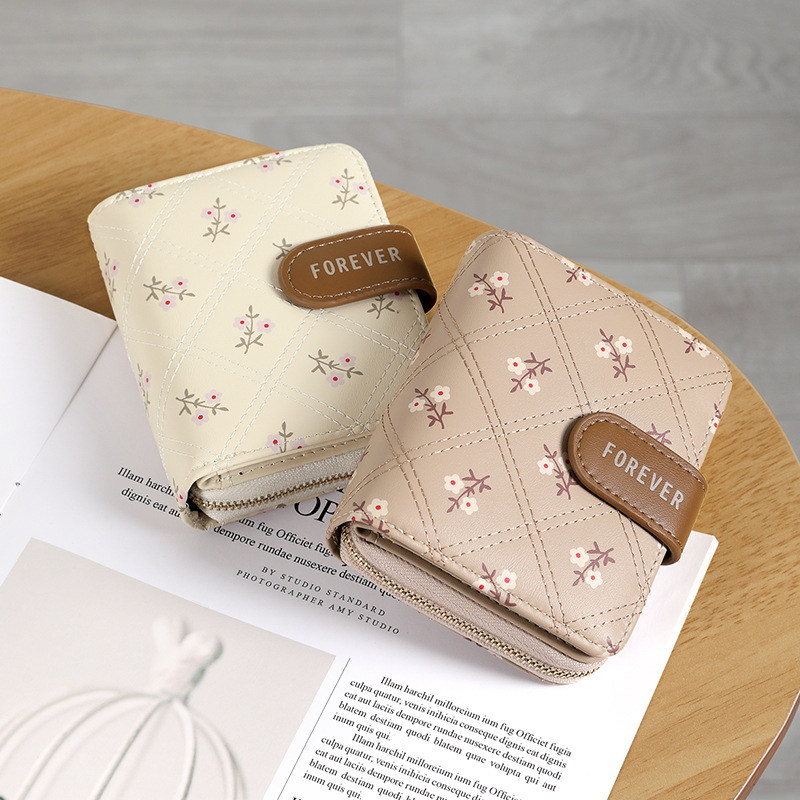 Nuevo estilo de alta gama, billetera de mujer transfronteriza pequeña y simple, bolso de tarjeta impreso corto, bolso de wallet, monedero con cremallera