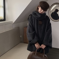 長毛2024年社交界風高級感スカーフ風両面カシミヤコート女性らしい韓国風ゆったりウールコート