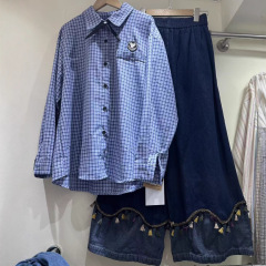 慵懒风格子条纹polo领长袖衬衫女秋季新款宽松学院风休闲气质衬衣