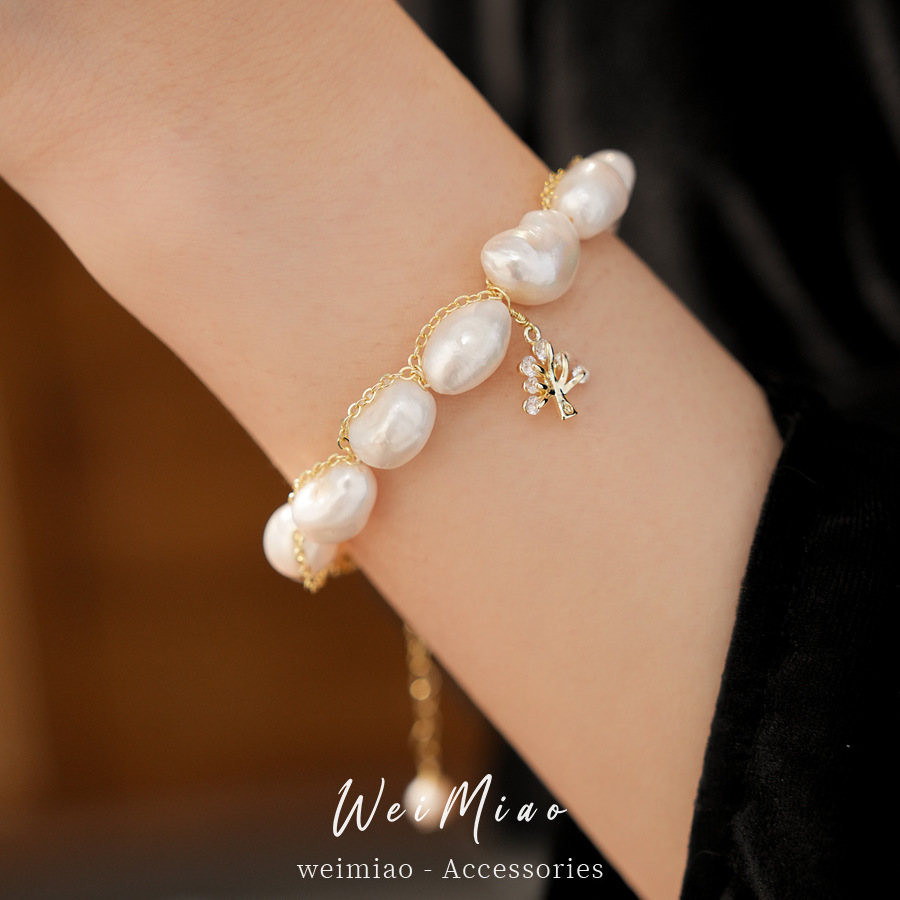 18 quilates de oro real, pulsera de perlas de piedra de agua dulce, pulsera de nicho de lujo ligera, joyería de alta calidad