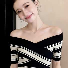 撞色条纹交叉短袖针织衫女夏一字肩收腰修身短款上衣图片色无袖