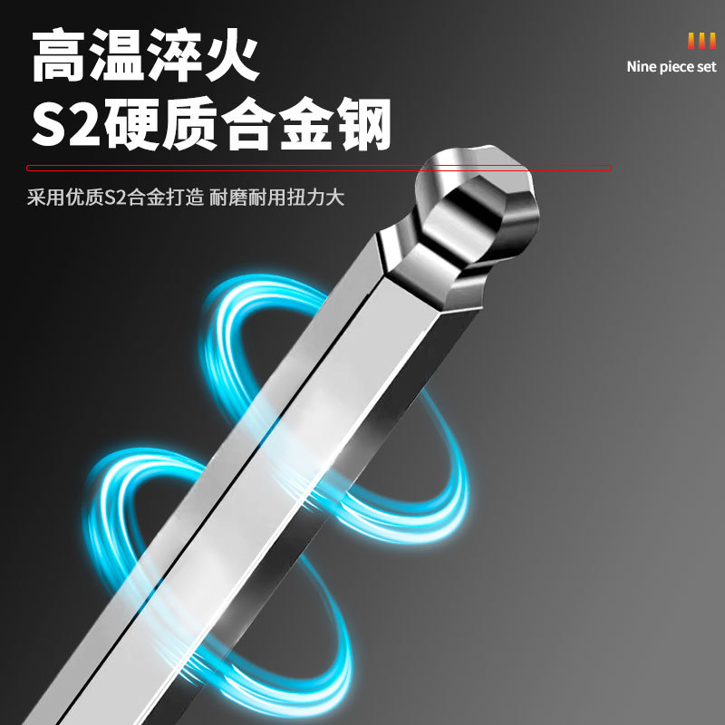 Juego de llaves hexagonales genuinas de 9 piezas con cabeza de bola extra larga, cabeza plana, destornillador hexagonal y juego de llaves hexagonales en forma de estrella.