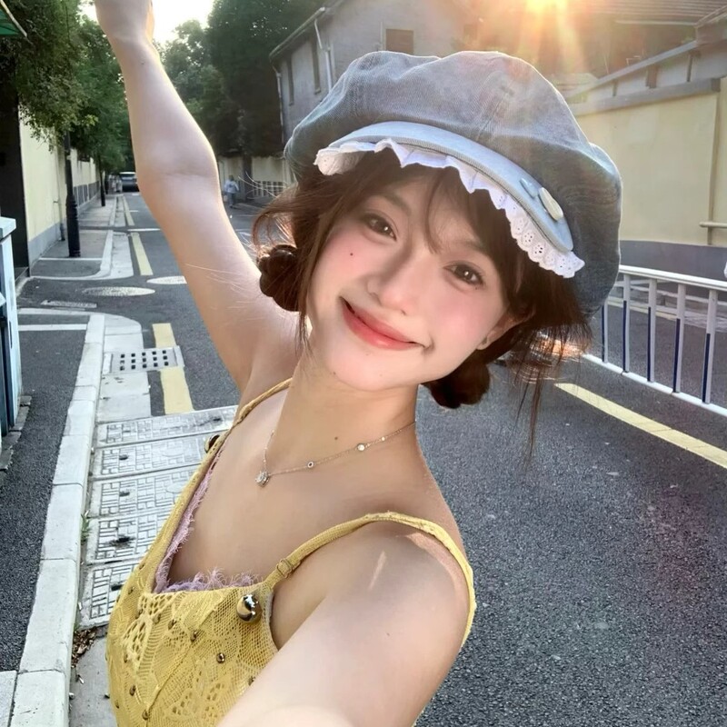 Button Lace-edge Washed Denim Beret Women's Summer Korean-style All-match Face-showing Small Cloud Cap Octagonal Hat Trendy