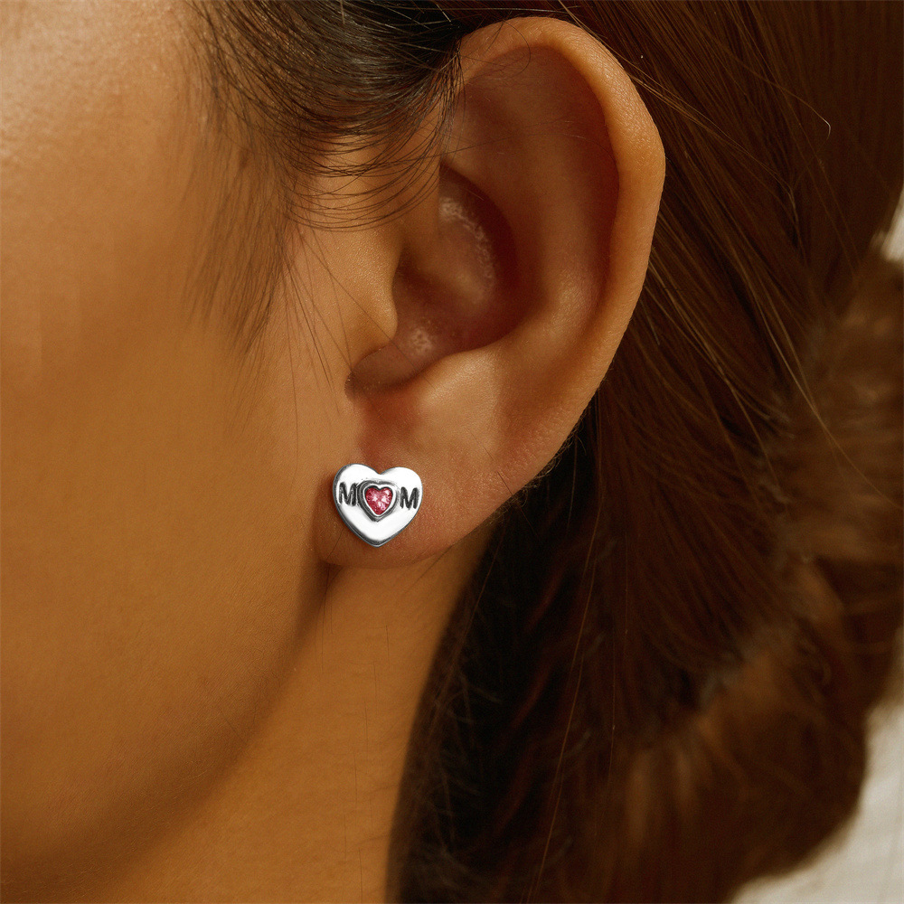 4g Weight Zircon Inlay Material Ear Studs Classification 1 Pair Quantity Daily, Festival Occasion 925 Sterling Silver Material Mother'S Day Festival Letter, Heart Shape Pattern Women's Gender Plating, Inlay Design Simple Style Style 1 Pair 925 Sterling Silver Zircon Letter Heart Shape Ear Studs 16