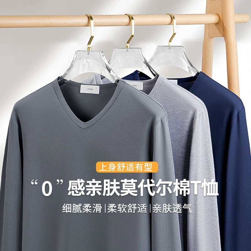【Мягкий и приятный к коже модал】Однотонная универсальная футболка с длинным рукавом и V-образным вырезом, базовый слой, мужской топ для весны и осени