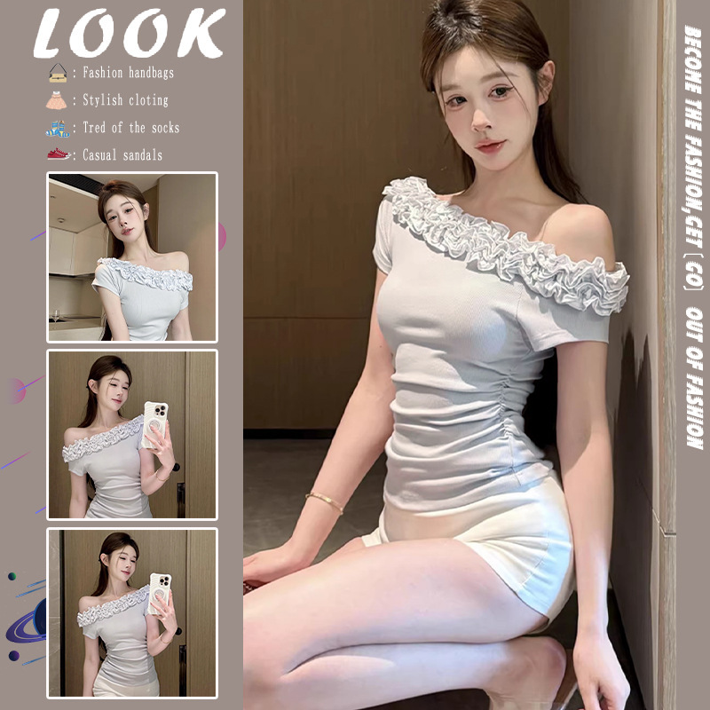 2026 Summer New Niche Design Asymmetrical Shoulder Short-Sleeve T-Shirt for Women with Three-Dimensional Layered Lace, Sexy Pure Desire Top 2026 Summer New Niche Design Asymmetrical Shoulder Short-Sleeve T-Shirt for Women with Three-Dimensional Layered Lace, Sexy Pure Desire Top