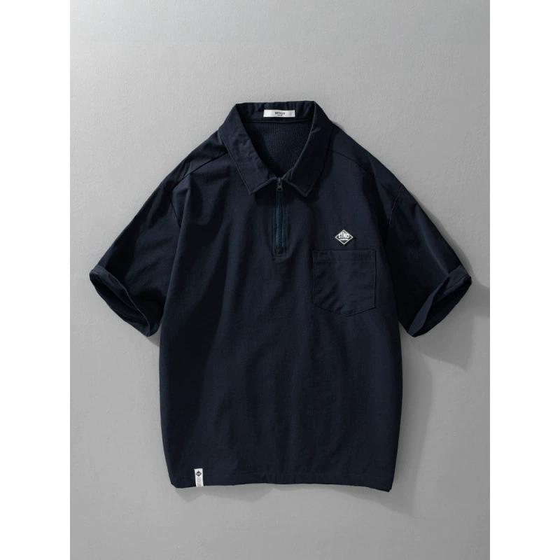 Мужская летняя однотонная рубашка-поло с короткими рукавами в японском стиле, повседневная универсальная мужская футболка с отложным воротником H609