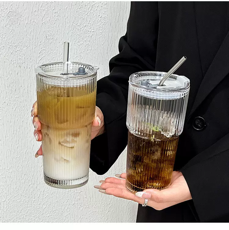ins风大容量高颜值冷饮杯果汁咖啡杯带盖带吸管竖条纹玻璃杯水杯