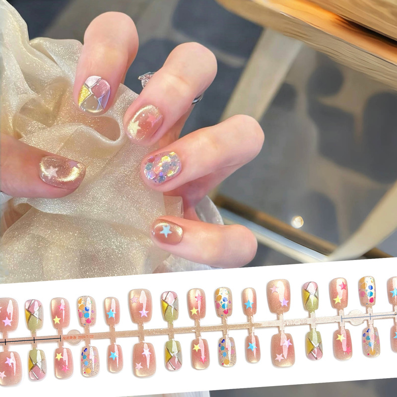 Blush Glass Beads Star Fine Glitter Ultra-Short Ladder Wearable Nails Whitening Cute Dopamine Summer Manicure Patch Ins
