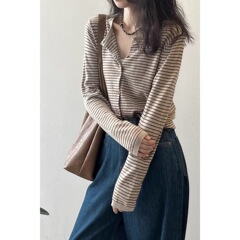温柔韩系撞色条纹针织开衫女早秋软糯长袖打底衫修身圆领短款外套