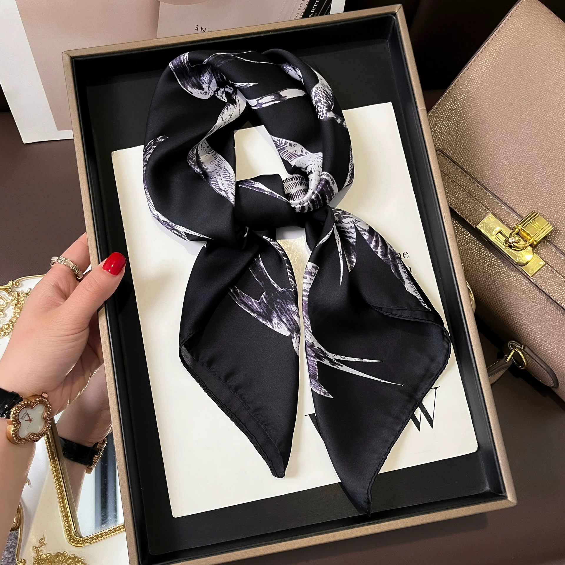 Silk retro fashionable handkerchief, scarf, 2023