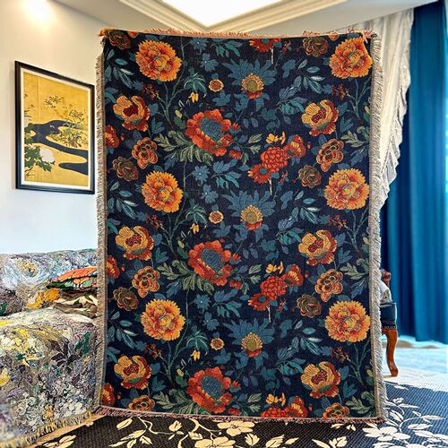 Sunset coral retro multifunctional throw blanket illustration American sofa cushion double-sided tassel sofa cover sofa towel