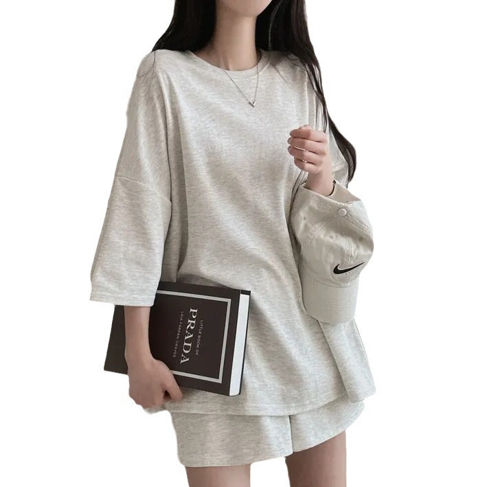 대외 무역 100 면 한국식 여름 반팔 티셔츠 중장 세트 여성 스포츠 캐주얼 반바지 단색 커플