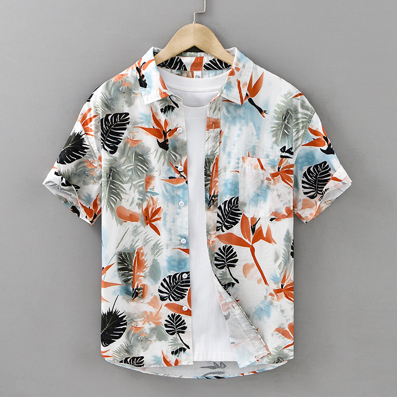 Hawaiian Print Short-sleeved Shirt Men's Pure Cotton All-match Casual Fashionable Handsome Summer Men's Distinctive Shirt 818