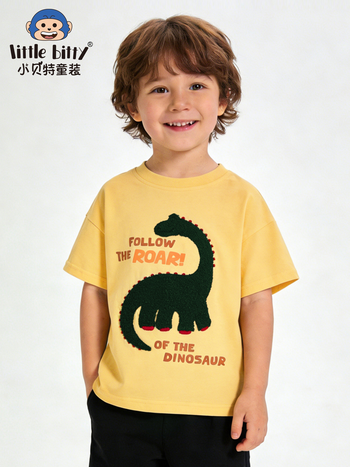 Cross-Border Supply 2026 Spring/Summer New Children's Short-Sleeve T-Shirt with Cartoon Dinosaur Towel Embroidery, Round Neck Kids' Top in Stock