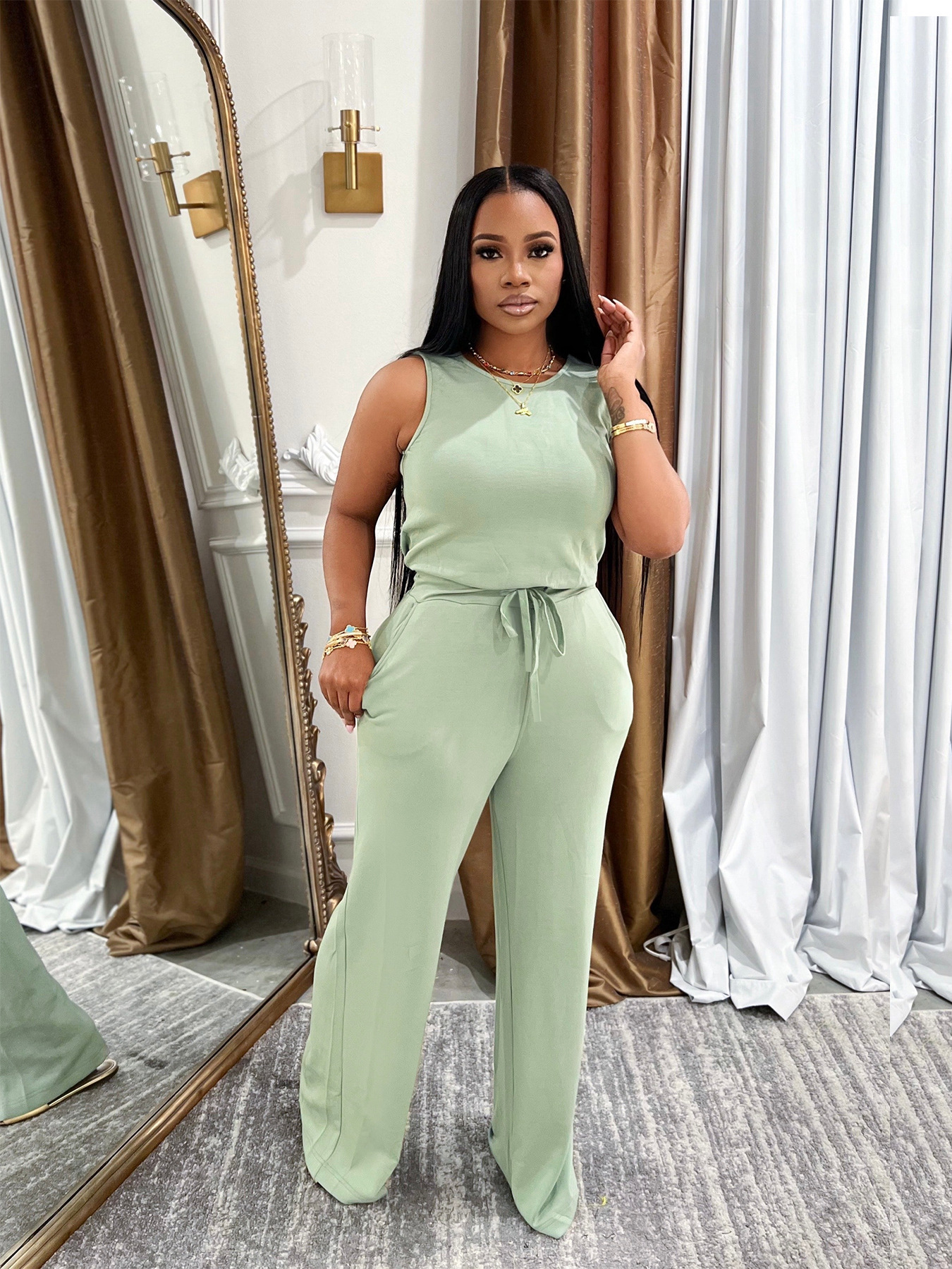 Women's Sleeveless Jumpsuit Casual Lace Up Solid Colour Summer_voghion.com