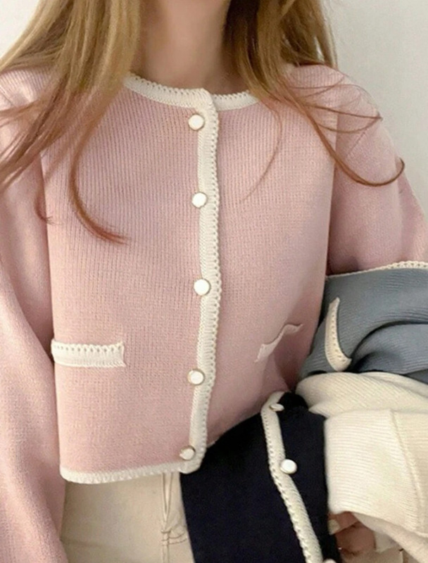 コントラストカラーのラウンドネックシングルブレストシンプルな気質ニットカーディガン女性の秋冬の新しいクロスボーダー外国貿易セータージャケット|undefined
