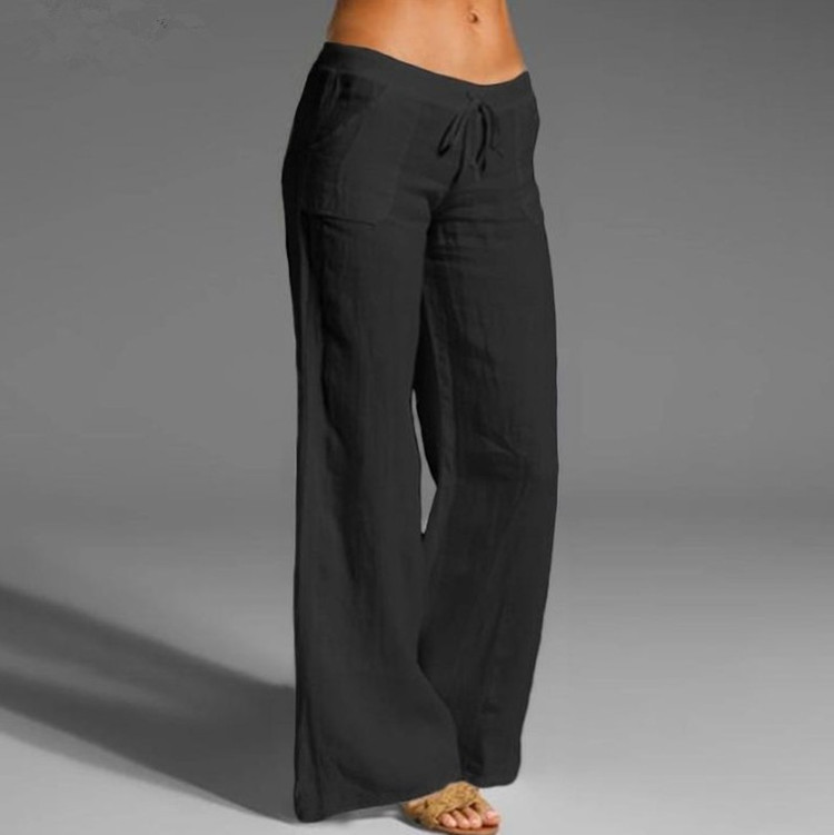 Transfronterizo Amazon AliExpress Verano Color sólido Cintura alta Pantalones anchos Pantalones casuales de algodón y lino sueltos para mujer image 5