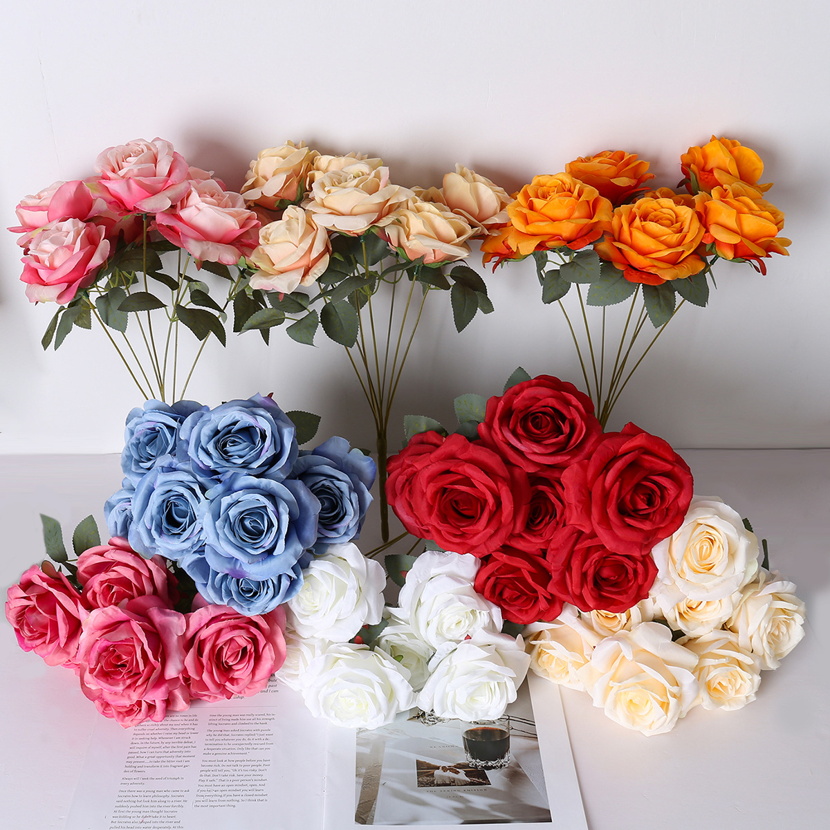 7 rosas de diamante simulación de flores de rosas bodas decoración de hotel guía de la casa fábrica de flores falsas al por mayor