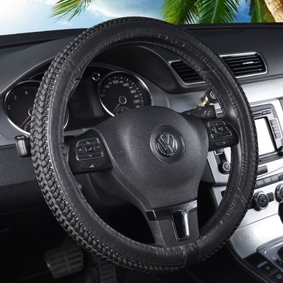 Car Steering Wheel Cover for Drivers, Anti-Slip, Sweat-Absorbent, Breathable, Universal for All Seasons (Steering wheel cover) - black-knittedleather-double-style-general