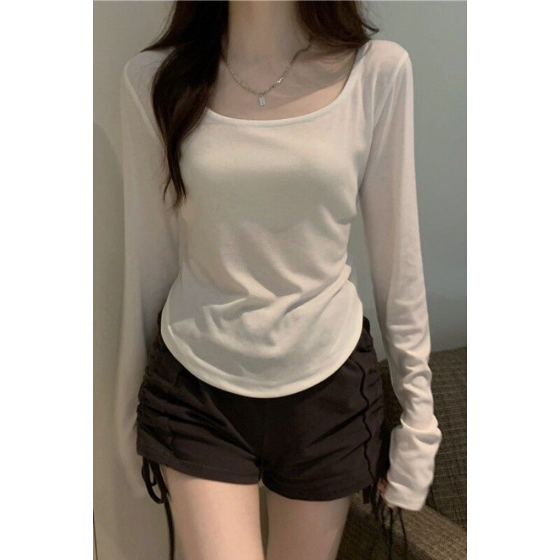 Cotton U-collar Long-sleeved T-shirt Women's Irregular Design Pure Desire Top Spring and Autumn New Slim-fit Inner Base Shirt