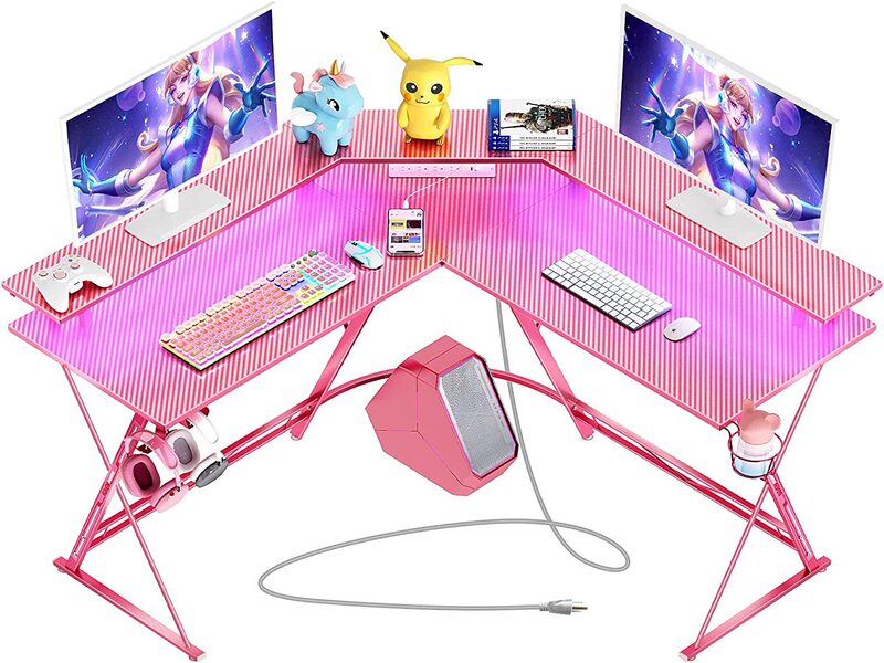 With Socket L Shape Computer Desk Corner Desk Carbon Fiber Surface Home Table Pink Gaming Desk Customizable
