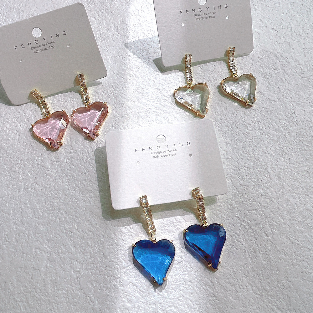 Sweet Heart Shape Copper Inlay Zircon Drop Earrings 1 Pair