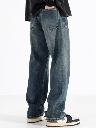 2024 Spring and Summer New Men's Relaxed Straight Leg Denim Jeans, American Style Trendy Wide Leg Floor-Length Casual Pants