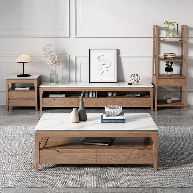 岩板茶几电视柜现代简约小户型客厅花架北欧白蜡木全实木边几组合