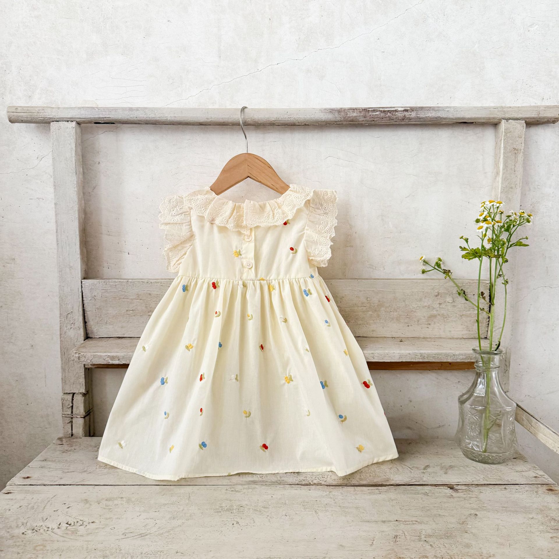 Ins falda de chaleco de encaje sin mangas bordado de algodón para niñas coreanas vestido casual de moda de todo fósforo de verano